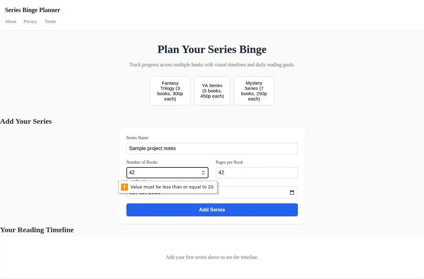 Screenshot of Series Binge Planner interface showing the project page in use